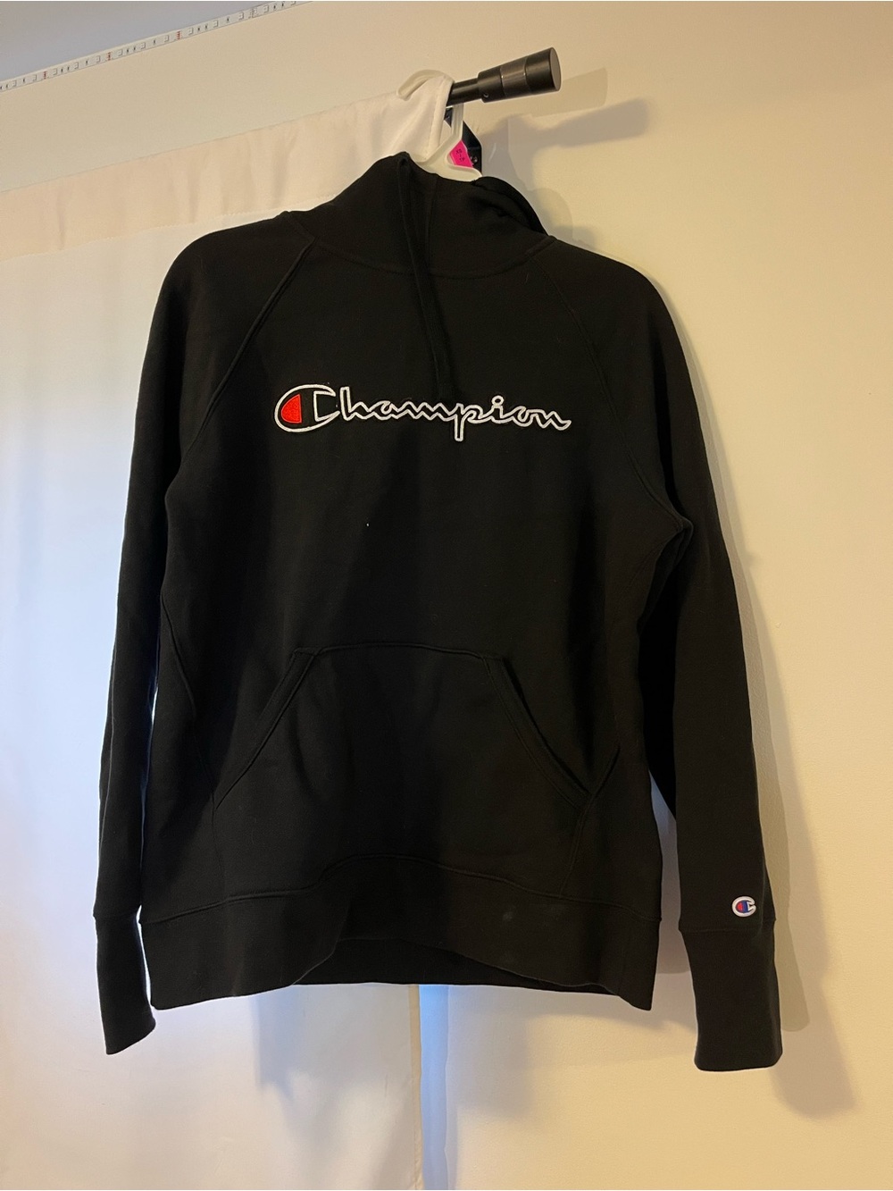 Champion Black Hoodie with Red & White Script Logo